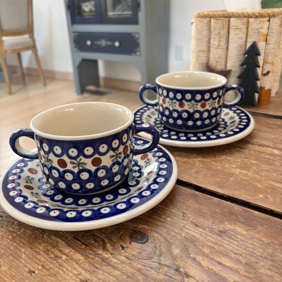 2 x Boleslawiec Polish Pottery French Onion Soup Bowls with Plates - Picture 9 of 10